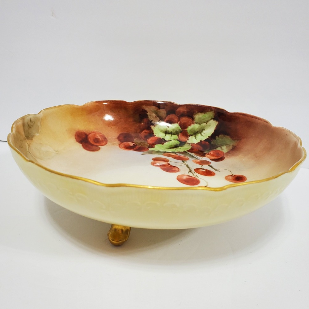 Antique Jean Pouyat Limoge French Footed Bowl Cream Red Hand Painted Cherry